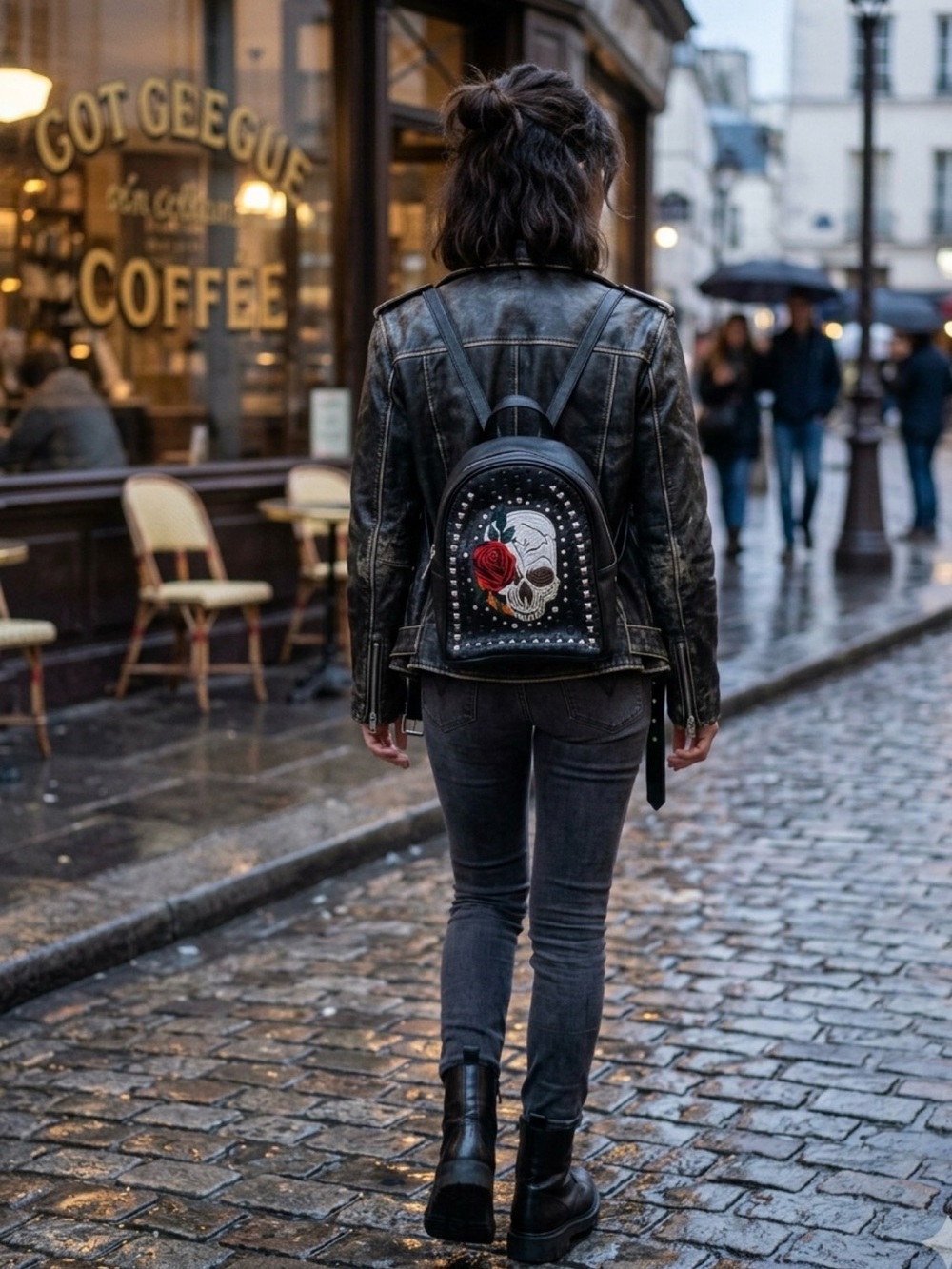 Studded Black Mini Backpack with Skull & Rose